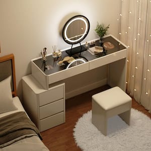 White Wood Makeup Vanity Sets Wood Dressing Desk with 5-Drawers, See-Through Glass Top Table, LED Light Mirror and Stool