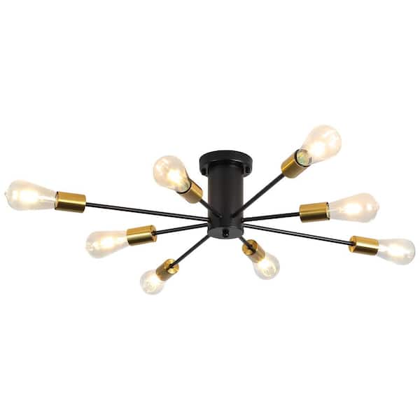 ZJVAIVE 30.07 in. 8-Light Black/Gold Sputnik Semi- Flush Mount For Living Room Foyer with No Bulbs Included