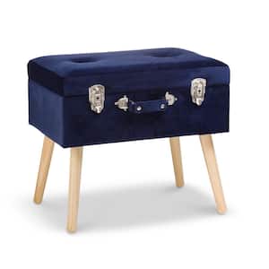 19.70 in. L Navy Blue Velvet Upholstered Storage Stool with Natural Solid Rubberwood Legs