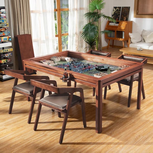 62 in. L Cherry Wood Solid Wood Game Table with Dual-Purpose Design for Gaming and Dining