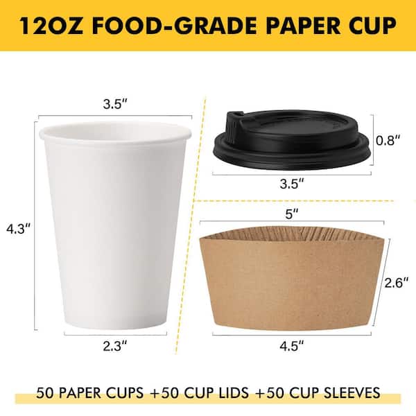 12 oz. Disposable Paper Coffee Cups with Lids and Sleeves for Kitchen, Coffee and Hot Drinks (50-Pack)