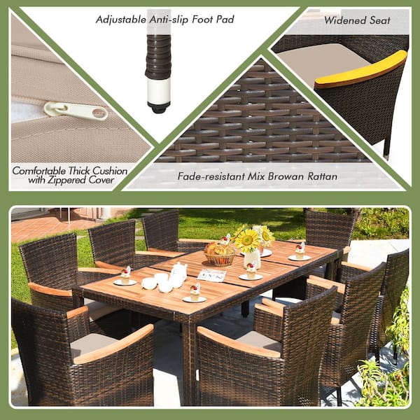 9-Piece Wicker Outdoor Dining Set with Acacia Wood Tabletop and Beige Cushion
