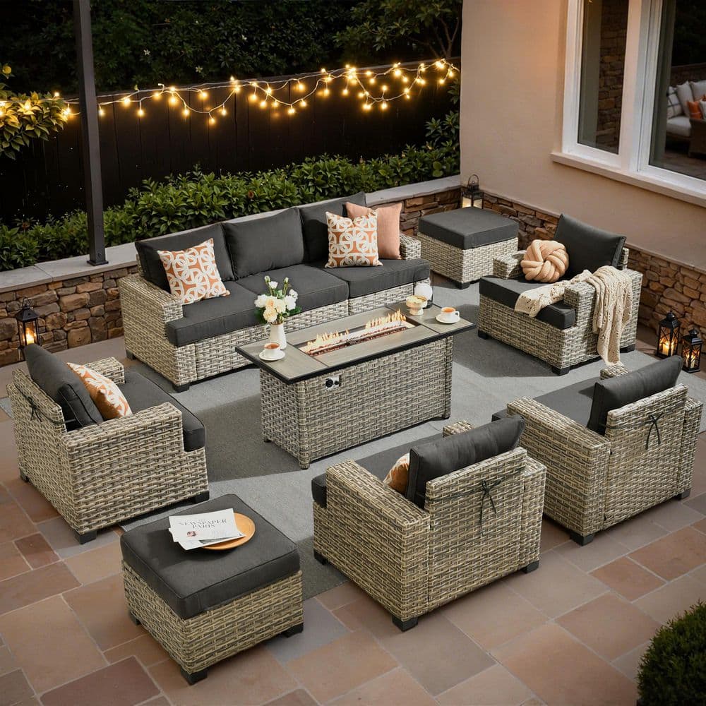 Hilarious 10 Pieces Wicker Outdoor Patio 54. in Rectangular Fire Pit Set with Black Cushions price history on PriceWatchPro