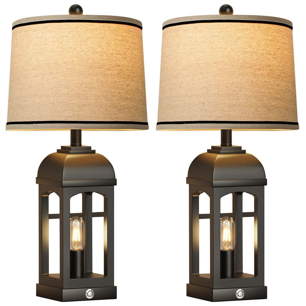 26 in. Black Paint Table Lamps with USB A+C and Night Light, Rustic Bedside
