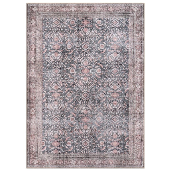 Amber Charcoal 9 ft. x 12 ft. Vintage Inspired Machine Washable Non Slip Area Rug