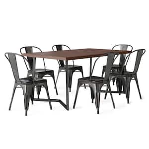 Fletcher V 7 Piece Solid Mango Wood and Metal 72 in. W Distressed Black and Copper Dining Set with 6-Metal Dining Chairs
