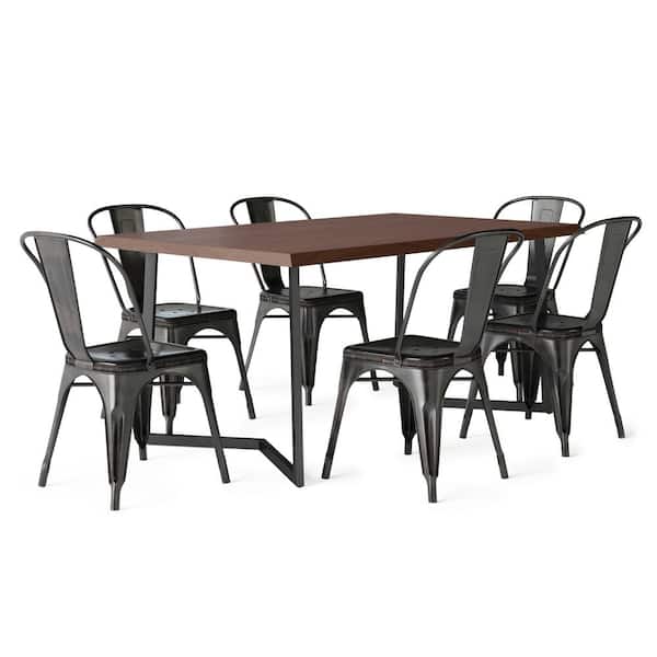 Simpli Home Fletcher V 7 Piece Solid Mango Wood and Metal 72 in. W Distressed Black and Copper Dining Set with 6-Metal Dining Chairs