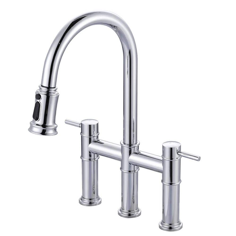 Double Handle Brass Bridge Kitchen Faucet with 3-Mode Pull Down Sprayer in Polished Chrome price history on PriceWatchPro