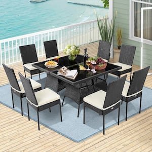 10-Piece Wicker Outdoor Dining Set Chair Table Set with Glass Top and White Cushions Garden Furniture