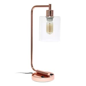 18.8 in. Bronson Rose Gold Antique Style Industrial Iron Lantern Desk Lamp with USB Port and Glass Shade