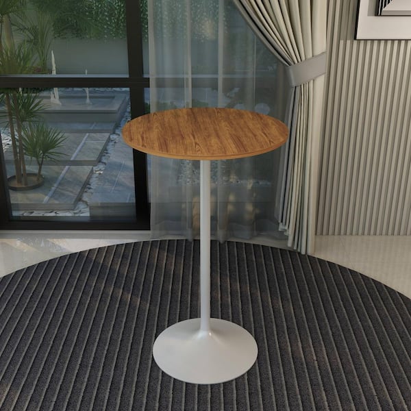 Leisuremod Round 27 in. Bar Height Dining Table with MDF Top and White Steel Pedestal Base Verve Collection in Cognac Brown