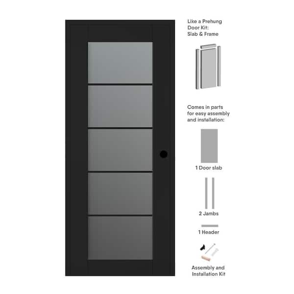 Belldinni Vona 28 in. x 80 in. Left-Hand 5-Lite Frosted Glass Black Matte Composite DIY-Friendly Single Prehung Interior Door