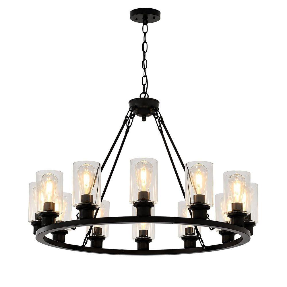 12-Light Black Farmhouse Wagon Wheel Chandelier Adjustable Chain Rustic Pendant Light for Dining Kitchen Living Room price history on PriceWatchPro