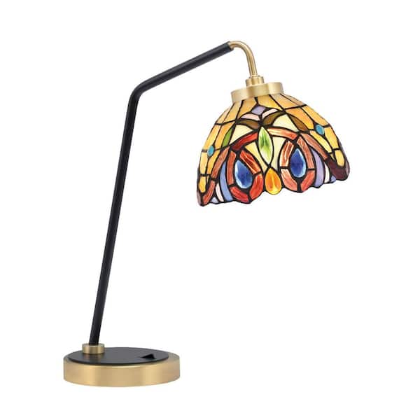 Unbranded Delgado 16.5 in. Matte Black and New Age Brass Desk Lamp with Lynx Art Glass