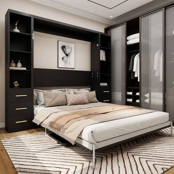 Modern Black Wood Frame Queen Size Murphy Bed with Wall Bed, Space-saving Metal Bed, Closet, Drawers