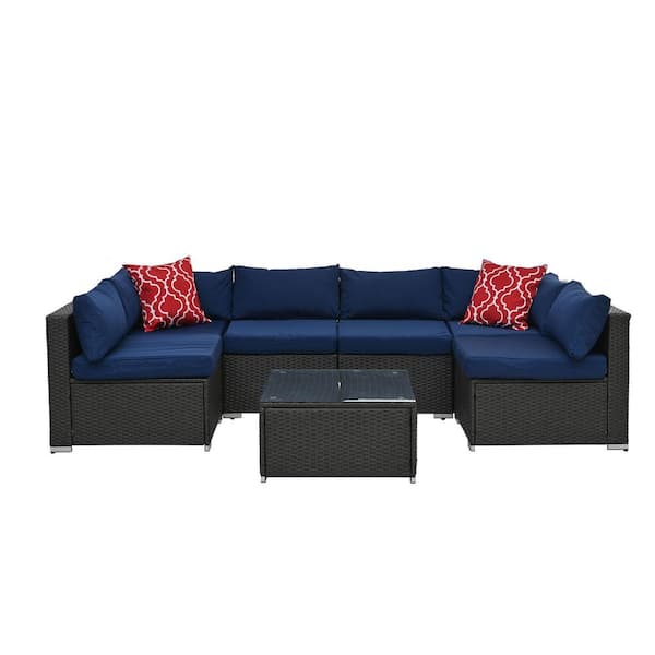 Tunearary 7-Piece Outdoor Patio PE Wicker Conversation Set with Tempered Glass Table and Blue 6 Seat Cushions 9 Back Cushions