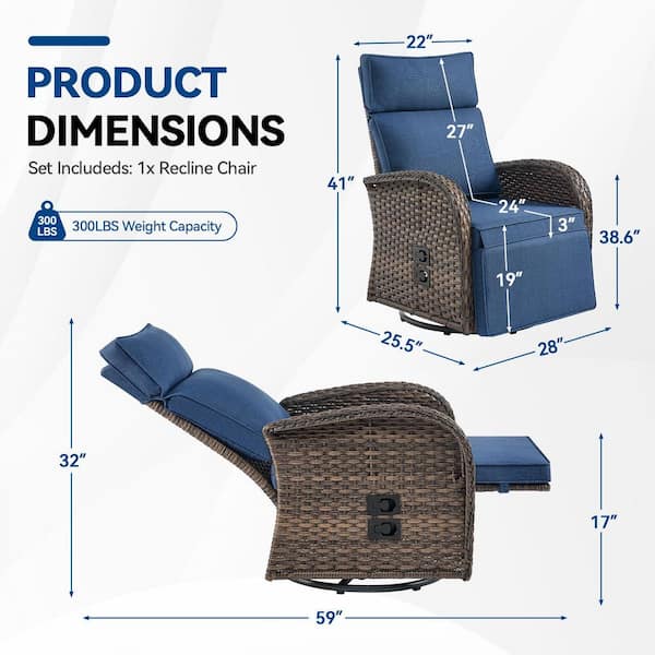 Brown 1-Piece Wicker Outdoor Recliner with Olefin Blue Cushions and Flat Armrests Patio Swivel Chair