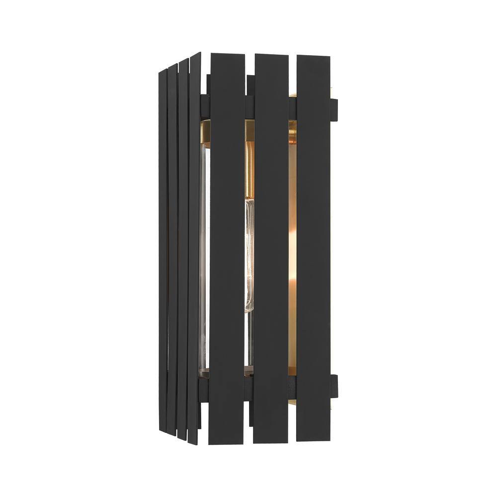Black and Satin Brass Dimmable Outdoor Wall Lantern with Clear Glass