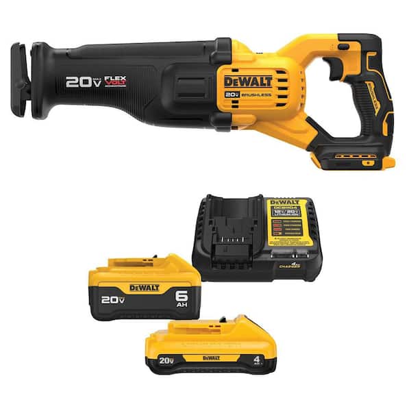 DEWALT 20V MAX Cordless Brushless Reciprocating Saw, (1) 20V 6.0Ah and (1) 20V 4.0Ah Batteries, and Charger
