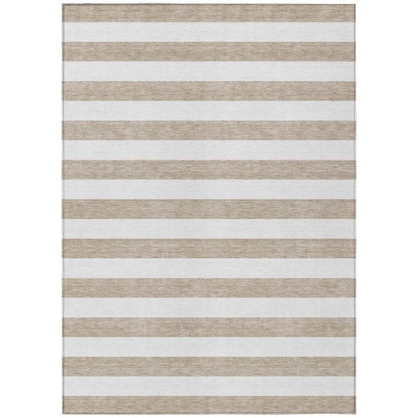 Taupe, White 5 ft. x 8 ft. Woven Striped Polyester Rectangle Indoor / Outdoor Area Rug
