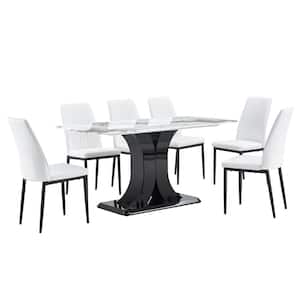 7-Piece Modern Faux Marble Top Dining Table Set for 6 with MDF Base, Dining Table and 6 Chairs, White