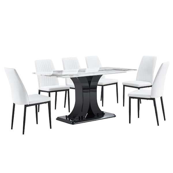 Polibi 7-Piece Modern Faux Marble Top Dining Table Set for 6 with MDF Base, Dining Table and 6 Chairs, White