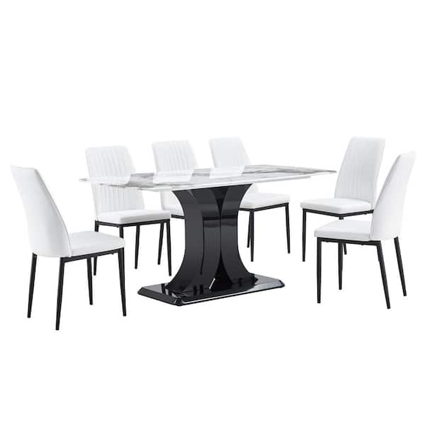 Polibi 7-Piece Modern Faux Marble Top Dining Table (Set for) 6 with MDF Base, Dining Table and 6 Chairs, White