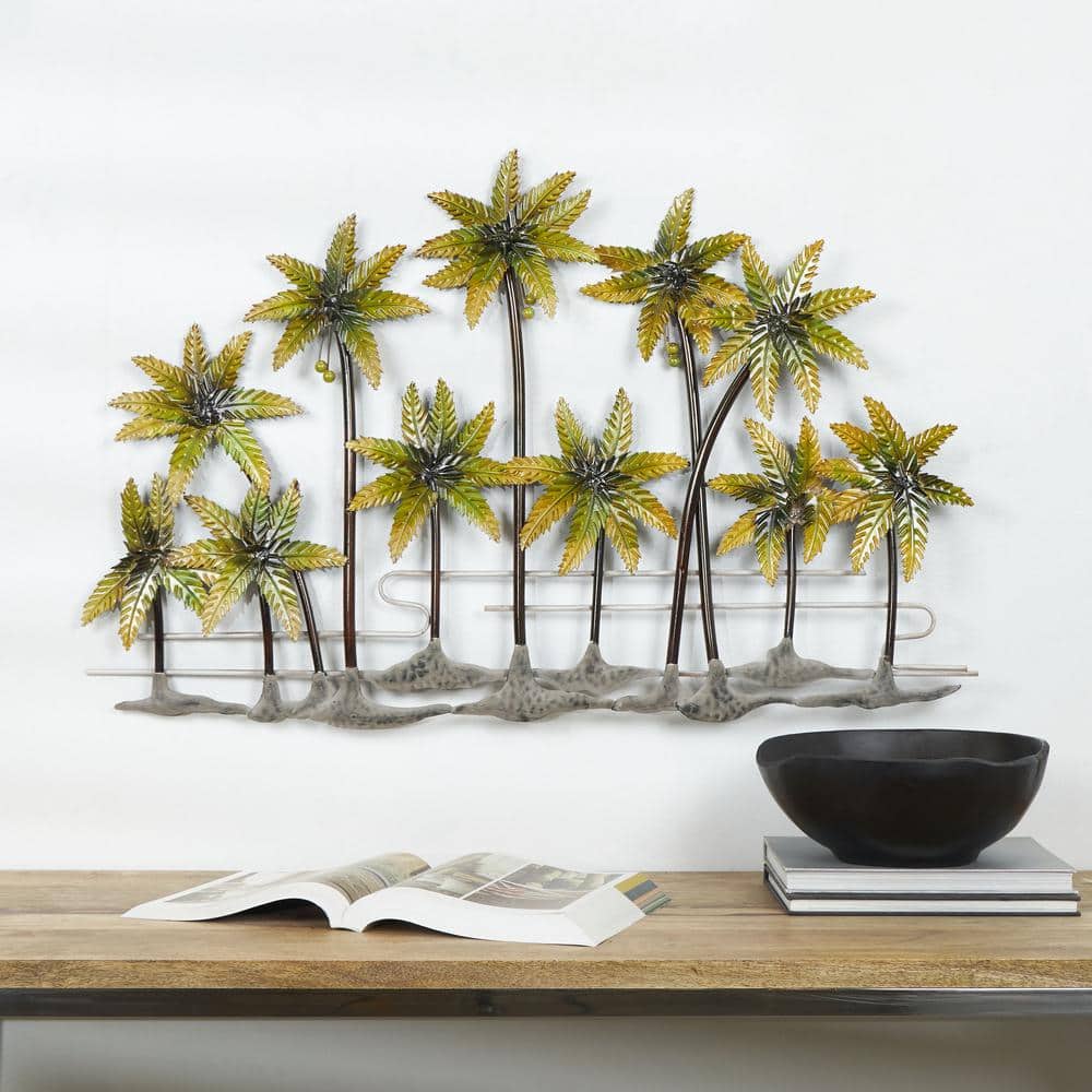 Litton Lane 38 in. x 25 in. Metal Green Indoor Outdoor Palm Tree Wall ...