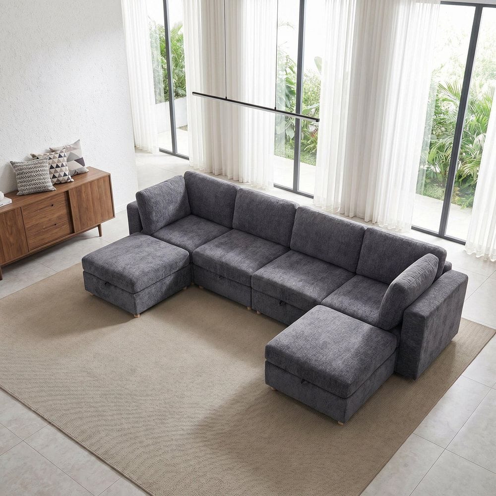 Sonia 132.28 in. Square Arms 6-Piece Fabric Modular Convertible Sectional Sofa in Grey with Storage, Ottomans