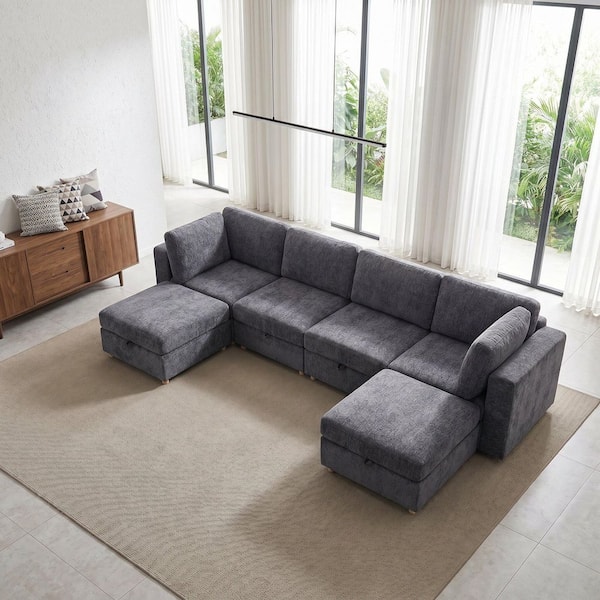 Sonia 132.28 in. Square Arms 6-Piece Fabric Modular Convertible Sectional Sofa in Grey with Storage, Ottomans
