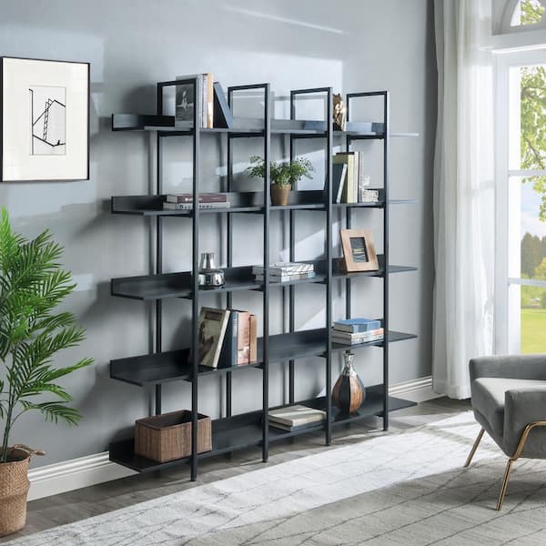 Polibi 70.87 in. H Black Vintage Industrial Style 5-Shelf Bookcase with Metal Frame and MDF Board