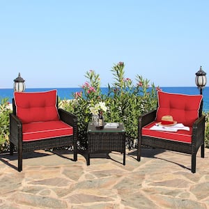 3-Pieces Patio Outdoor Rattan Furniture Set with Coffee Table Red Cushion