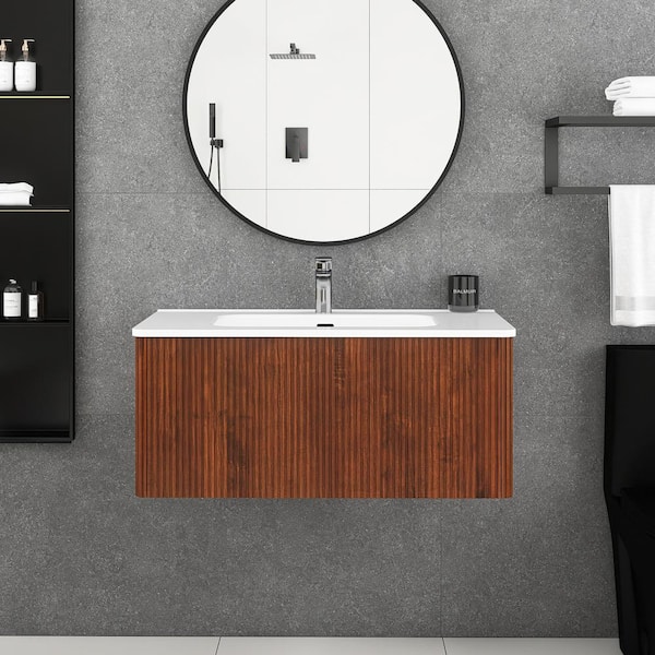JimsMaison 36 in. W x 18.3 in. D x 15.6 in. H Wall-Mounted Bath Vanity in Walnut with White Ceramic Top