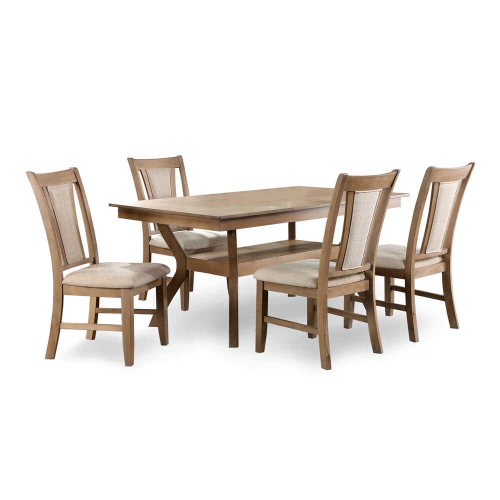 Natural Tone Solid Wood Dining Set with Beige Cushioned Chairs