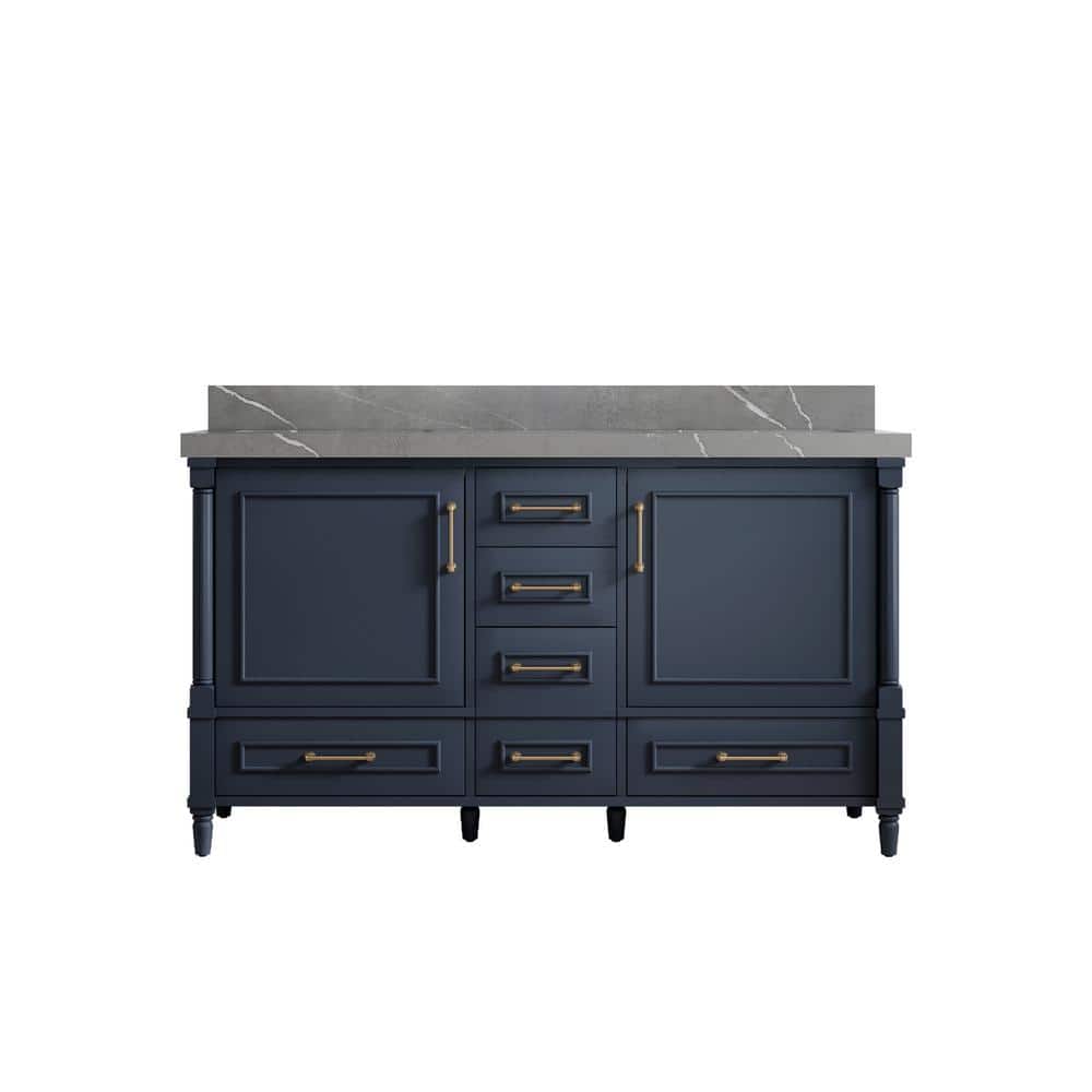 Navy Blue Double Sink Freestanding Vanity with Gray Quartz Top