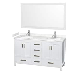 Sheffield 60 in. W x 22 in. D x 35 in. H Double Bath Vanity in White with Carrara Cultured Marble Top and 58" Mirror