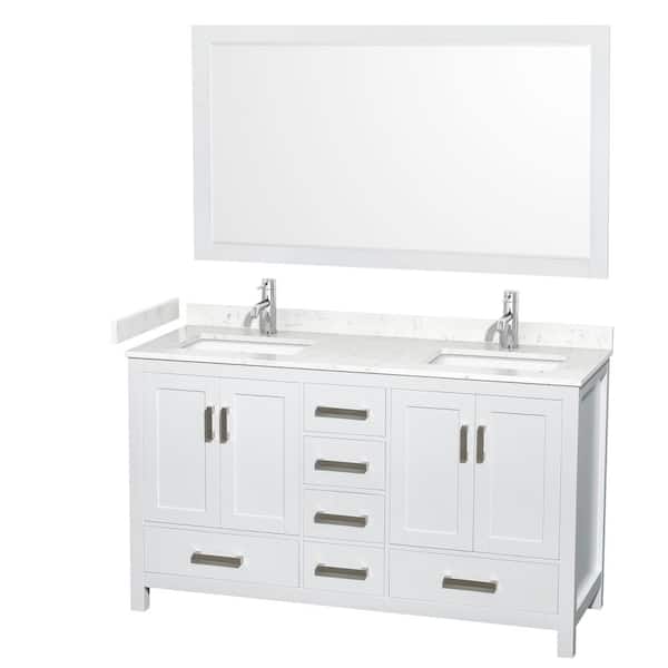 Wyndham Collection Sheffield 60 in. W x 22 in. D x 35 in. H Double Bath Vanity in White with Carrara Cultured Marble Top and 58" Mirror