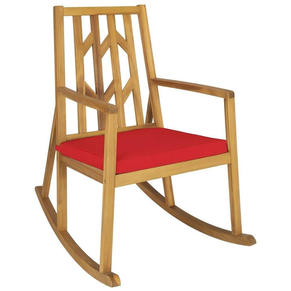 Patio Acacia Wood Outdoor Rocking Chair with Armrest and Red Cushion for Garden and Deck