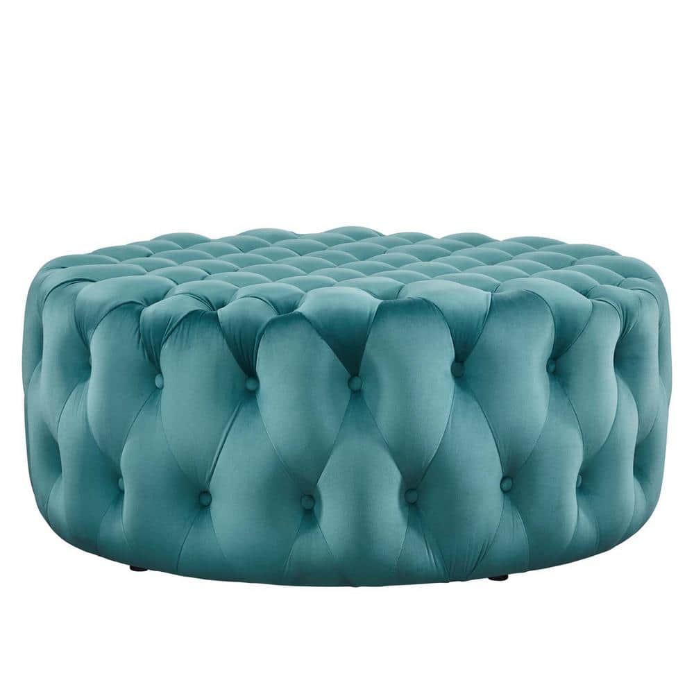 Amour Sea Blue Velvet Tufted Round Ottoman, 40"
