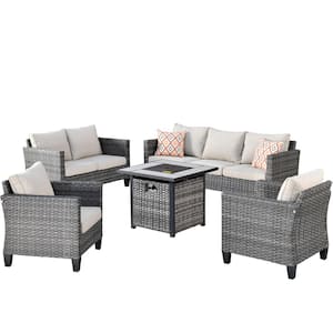 Mars Gray 5-Piece 7-Seat Wicker Patio Conversation Fire Pit Sofa Set with Beige Cushions