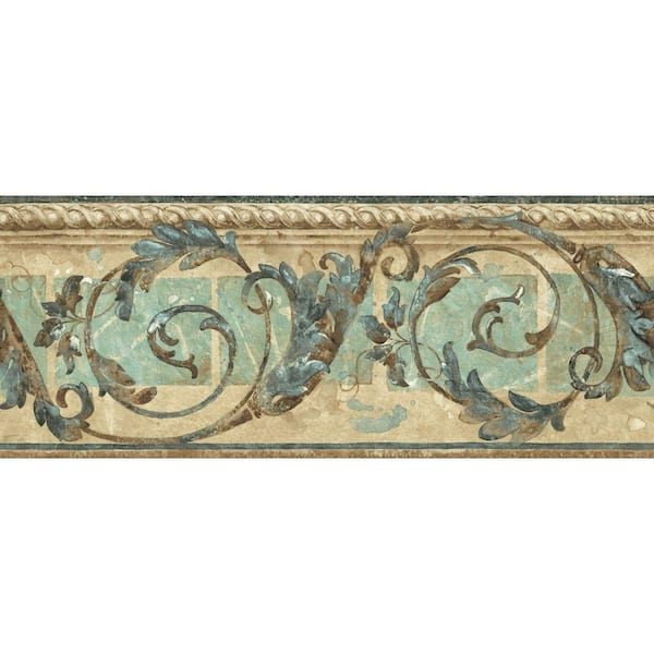 The Wallpaper Company 8.25 in. x 15 ft. Blue and Beige Traditional Scroll Border