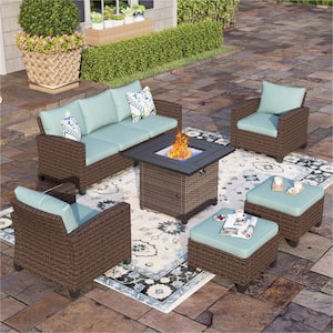 Brown Rattan Wicker 6-Piece Steel Outdoor Patio Conversation Set with Blue Cushions, Square Fire Pit Table