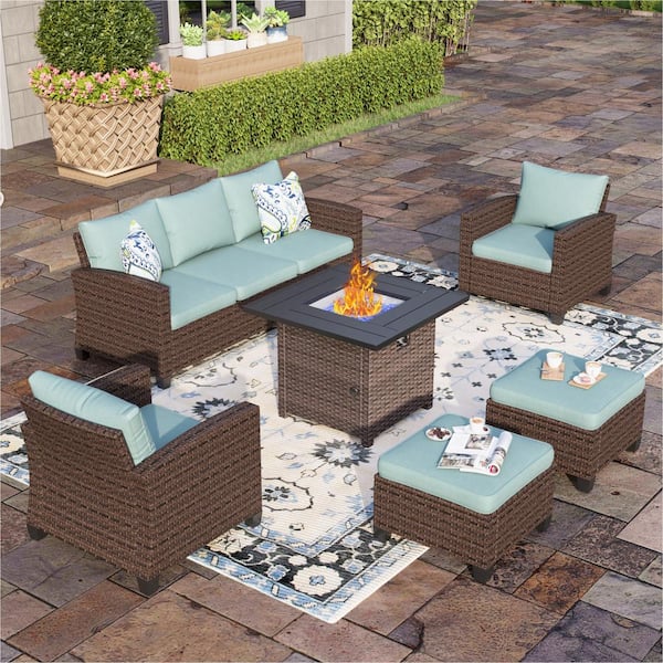 PHI VILLA Brown Rattan Wicker 6-Piece Steel Outdoor Patio Conversation Set with Blue Cushions, Square Fire Pit Table