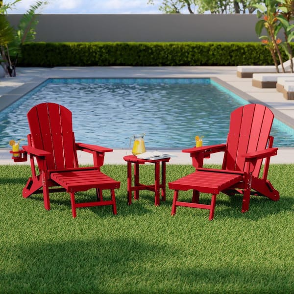 Laguna Outdoor Weather Proof 3-Piece Folding Adjustable Adirondack Chair w/ Pull Out Ottoman & Table Set, Red