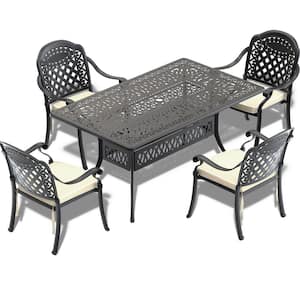 Black 5-Piece Cast Aluminum Outdoor Dining Set, Patio Furniture with 58.27 in. Rectangle Table and Random Color Cushions
