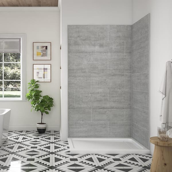 OVE Decors Misty 47.68 in. W x 80 in. H x 31.3 D 4-Piece Glue-Up Corner Shower Surrounds in Gray Tile Finish