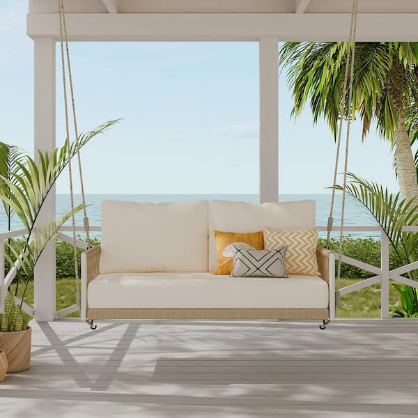 Unbranded Set of 1 Braided Rope Outdoor Swing Sofa with 2 Upholstered Seats for Patios, Patios and Balconies (Beige)
