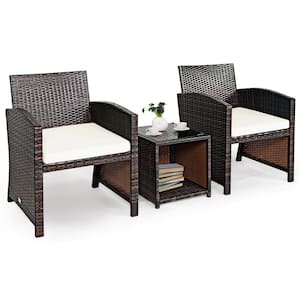3-Piece Wicker Patio Conversation Set with White Cushions Sofa Coffee Table