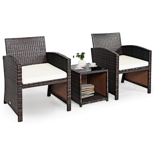 Costway 3-Piece Wicker Patio Conversation Set with White Cushions Sofa Coffee Table