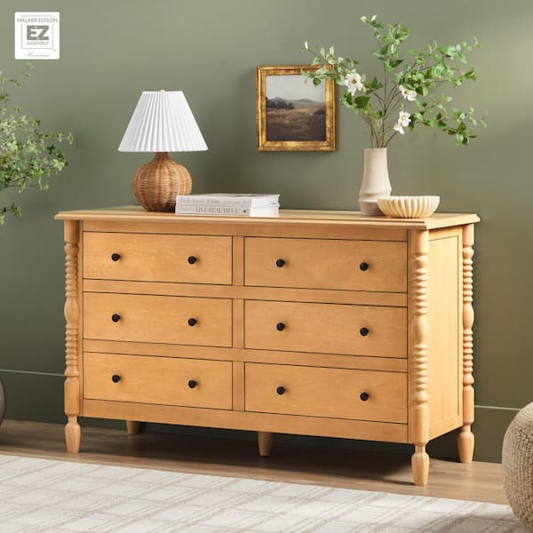 Walker Edison Furniture Company Modern Farmhouse Easy Assembly Natural 6-Drawer 54 in. Solid Wood Spinde-Detailing Dresser